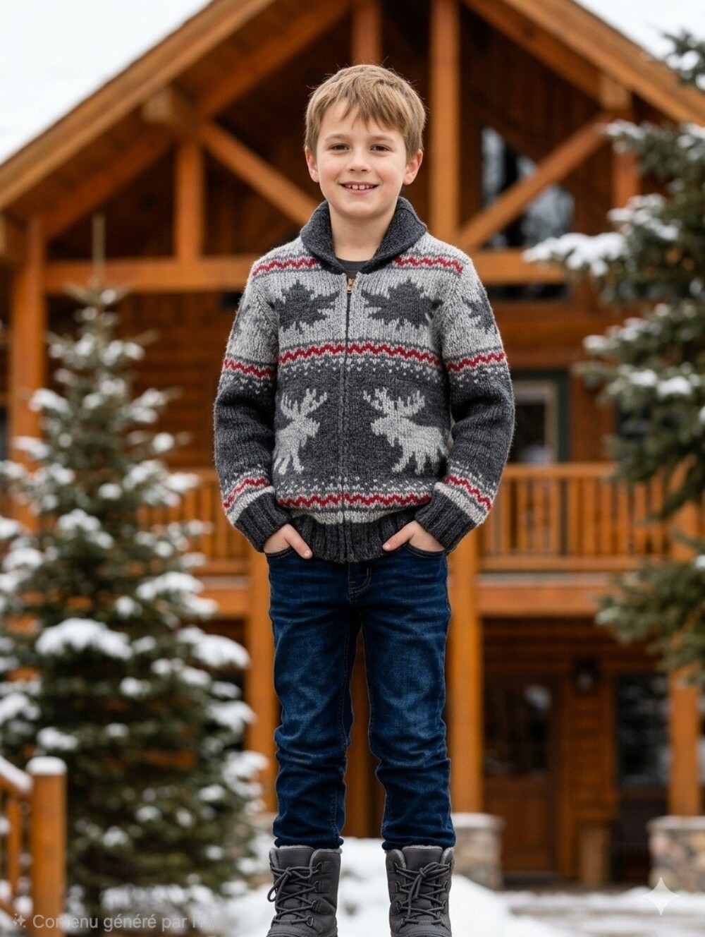NWT Canadiana Boys' Gray Moose Zip-Front Sweater - Cozy Winter Knit Sz Medium